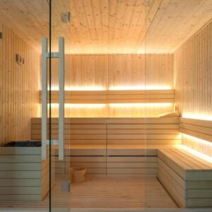 Front view of empty Finnish sauna room. Modern interior of wooden spa cabin with dry steam